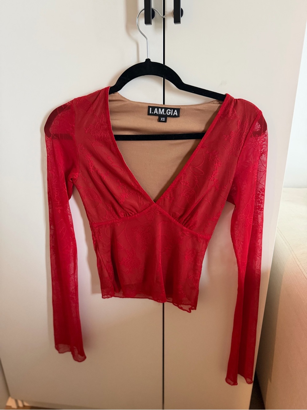 I.AM.GIA Red Lace V-Neck Long-Sleeve Top